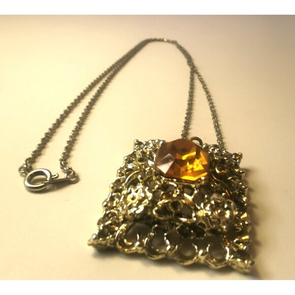 Vint. 80s Silver Tone Necklace Citrine Glass Pendant Accent Stones Some Missing - Picture 8 of 8